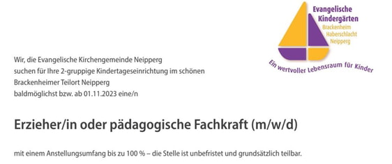 Stellenangebot Erzieherin Kita Neipperg